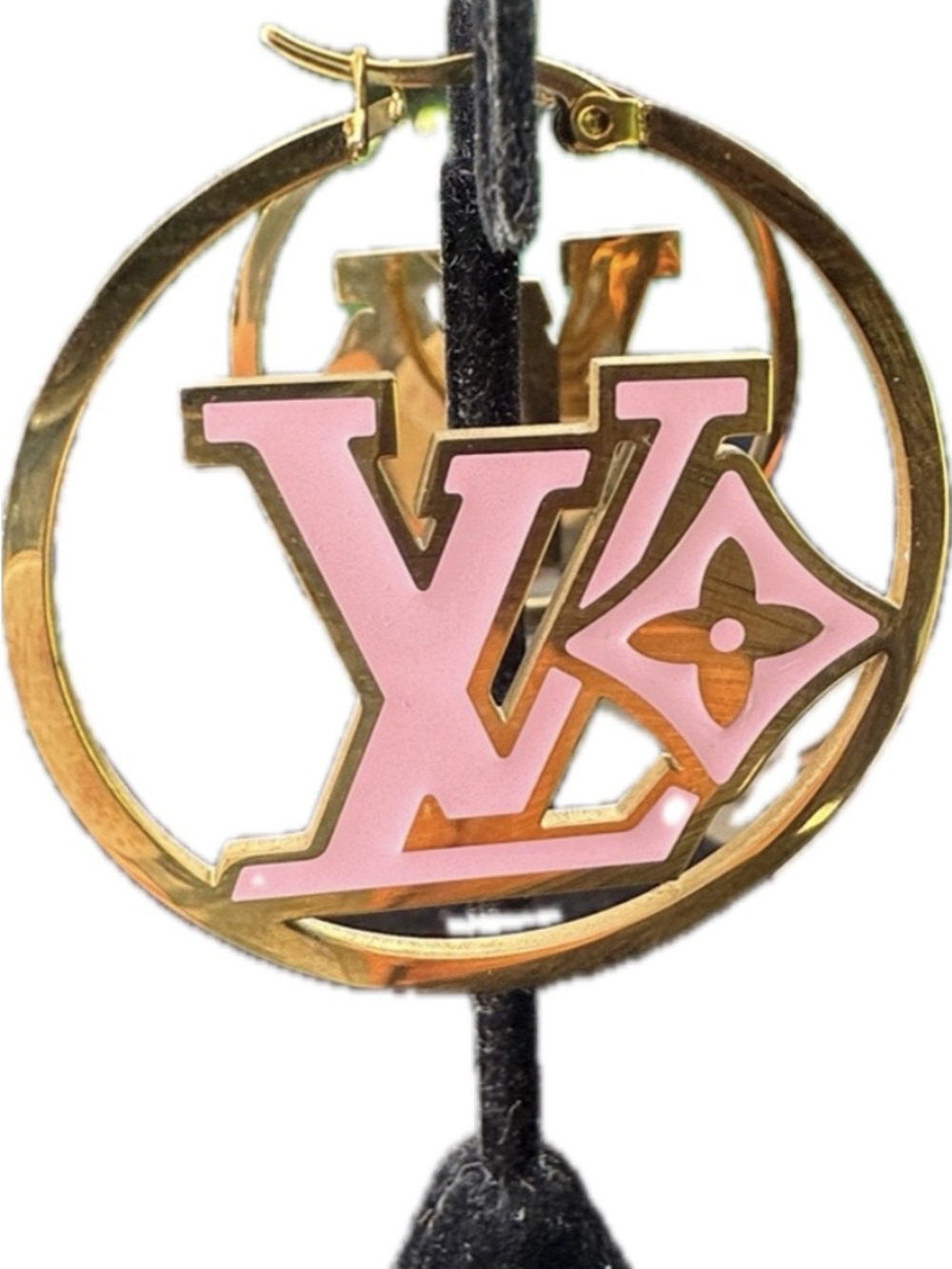 Gold Hoop Earrings with Pink LV Logo Charm